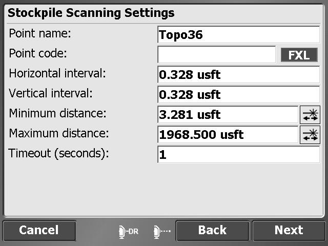 Advanced Total Station Features 5. If required, enter a point code and point name and then tap OK. The Stockpile Scanning Setup dialog reappears. 6.