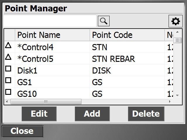 Volume and COGO Point Manager The Point Manager is accessed via Home / COGO / Point Manager. Use this feature to retrieve a list of all points in the currently loaded work order.