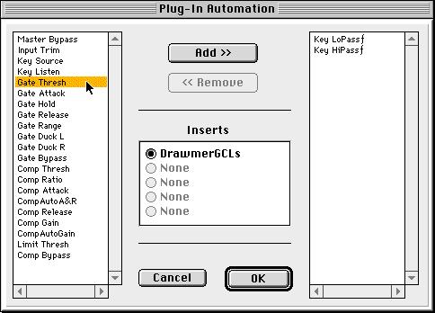 2 Choose the parameters to automate and click Add. If there are multiple plug-ins on the same track, you can select from among these by clicking their buttons in the Inserts section of this dialog.