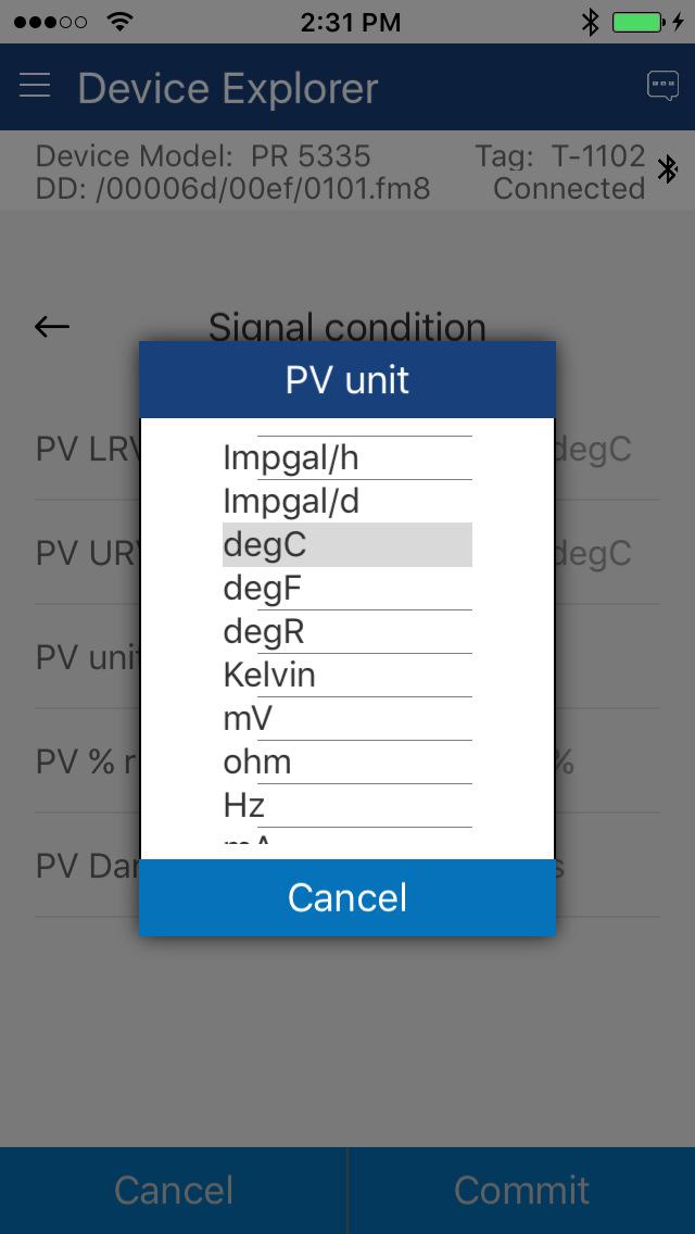 8 Select the variable data to edit it. In this case PV unit. A list will appear with the valid values available: 9 Select the value you wish to use.