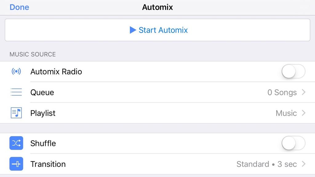 Using Automix Select any existing Playlist, tap Start Automix, and let djay do the mix for you. Optionally, you can enable Shuffle or change the Transition settings.
