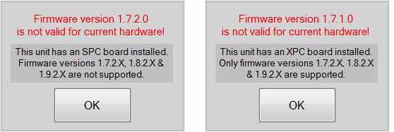 Restrictions The following dialogs will be displayed if you try to update to a firmware version not compatible with the installed hardware: Figure 1-17 Errors shown if the version selected isn t