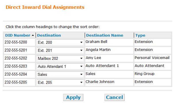To manually assign Direct Inward Dial numbers: 1. In the navigation menu at left, click Direct Inward Dial, and then DID Assignments. The Direct Inward Dial Assignments page appears. 2.