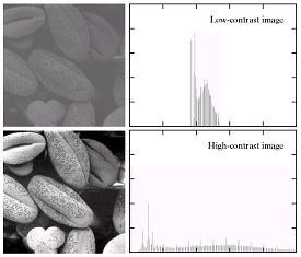Example: Low/High Contrast Images Low-contrast image histogram is narrow and centered toward the middle of the gray scale High-contrast image histogram