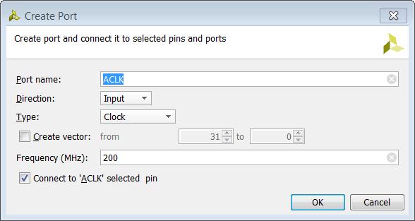 6. Click OK. Figure 13: Create Port - ACLK 7. 8. Right-click the ARESETN pin of the AXI Interconnect and select Create Port. The Create Port dialog box opens.