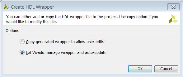 Figure 42: Create top-level HDL Wrapper The Create HDL Wrapper dialog box opens and offers two choices. 5.