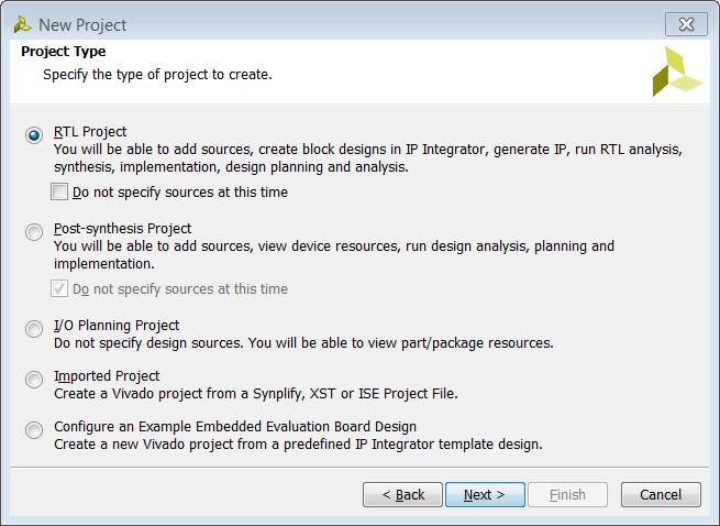 7. In the Project Type dialog box, select RTL Project. Click Next. Figure 3: Specify Project Type 8.