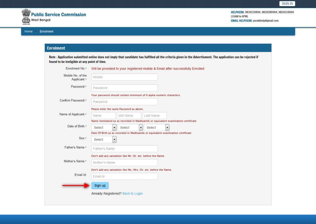 Step 3: Once the applicant clicks on the link, a Enrolment Form will be opened. Fields marked with "Red coloured bullets" cannot be left blank.