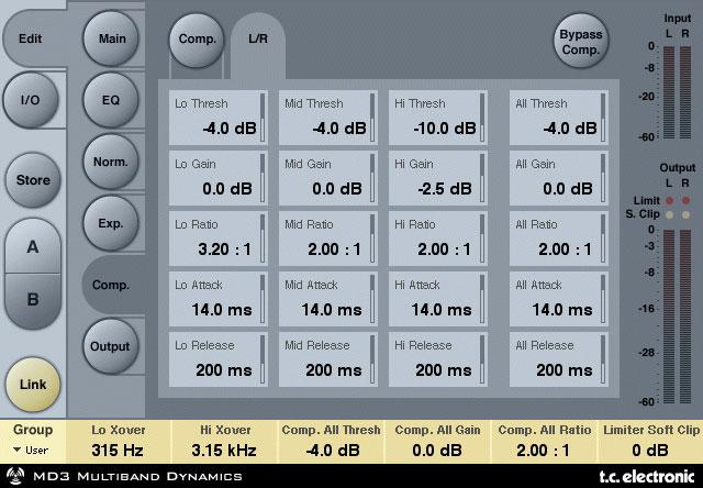 Compressor Page Pressing Threshold, Gain, Ratio, Attack and Release keys will immediately assign Lo, Mid, Hi and Master values for these parameters to Faders 1-4.