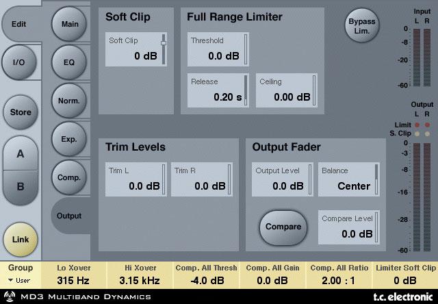 Output page FULL RANGE LIMITER Soft clip Range: -6dB to 0 db in 1-dB-steps; +3dB; off. Soft clipper after the Compressor.