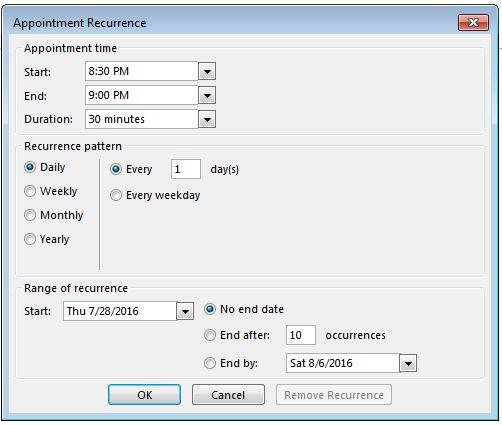 2. Select the required recurrence pattern like Daily, Weekly and Monthly. 3. Refer to Steps 1-7 as given above.