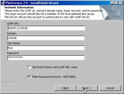 Enter the LDAP URL, Domain Name, Logon Account, and Password (from the preparation steps earlier) in the Network Information window.