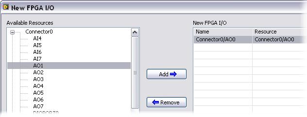 as shown in the following figure. 2. In the Project Explorer window, right-click the FPGA target and select New»FPGA I/O. 3. In the New FPGA I/O dialog box, expand Connector0 and select AO0.