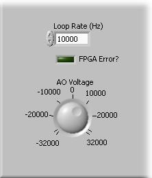 9. On the front panel, locate the numeric control labeled AO Voltage. Right-click the control and select Num Ctrls»Knob from the Express controls palette to change the control type to knob. 10.