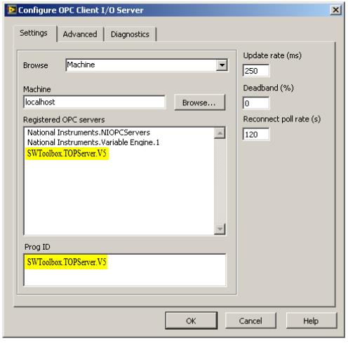 5. In Configure OPC Client I/O Server, open the Settings tab. For the machine "localhost," select SWToolbox.TOPServer.