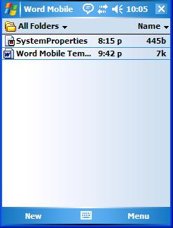 Chapter 6: Programs Word Mobile If you ve already create a Word Mobile document, it will be listed in the Word Mobile window. Tap on New in the softkey bar to create a new Word document.