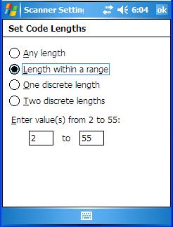 Decoded (Internal) Scanners Double-tapping on this parameter displays a dialog box labelled Set Code Lengths where you can define the code length that will be decoded by your scanner.