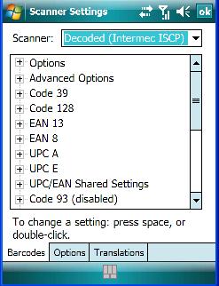 Decoded 5.28.2 Decoded Tap on the Scanner dropdown menu, and choose Decoded (Intermec ISCP). 5.28.2.1 Options Decoded Scanner Laser On Time The value assigned to this parameter determines how long the laser will remain on when the scan button or trigger is pressed.