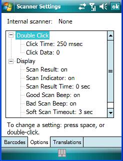 Options Tab 5.28.4 Options Tab This tab allows you to tailor the double-click parameters and the display options associated with your scanner. 5.28.4.1 Double Click Parameters Click Time (msec) This parameter controls the maximum gap time (in milliseconds) for a double-click.