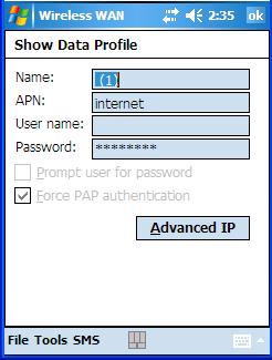 Tools Menu Advanced IP The Advanced IP button in the Show Profile and Edit Profile dialog boxes opens another dialog box that allows you to configure a static IP address as well as the IP addresses