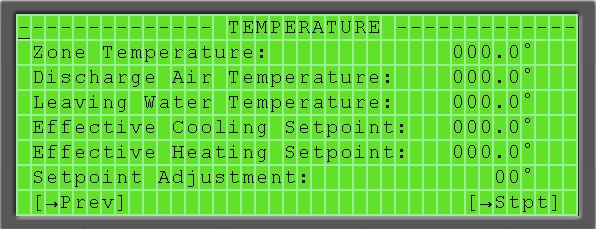 Temperature screen The Temperature screen can be accessed by selecting its link on the Home screen. Use the navigation keys to scroll down and see all parameters available on this screen.