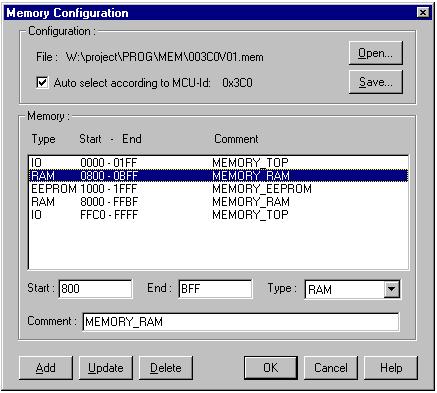 Memory Configuration To view the memory layout, choose SDI Memory Map... This opens the Memory Configuration dialog box. This dialog box shows the default memory configuration for the MCU being used.