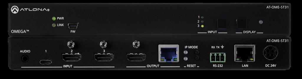 Omega 4K / UHD Three-Input Switcher for HDMI and USB-C with HDBaseT and HDMI Outputs Installation Guide The Atlona is a 3 1 switcher and HDBaseT transmitter with HDMI and USB-C inputs.