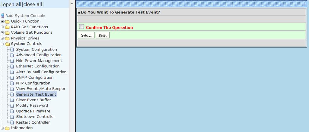 5.5.9 Generate Test Event If you want to generate test events, move the cursor bar to the main menu and click on the Generate Test Event Link.