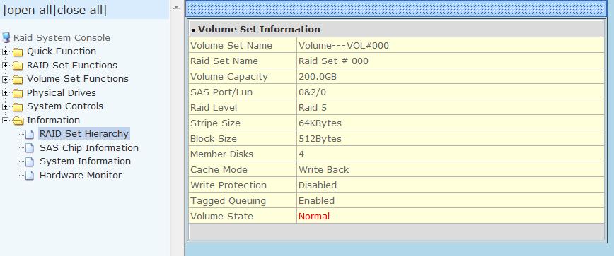 To view the Volume Set information, click the Volume---VOL# link from the Raid Set Hierarchy screen. The Volume Set Information screen appears.