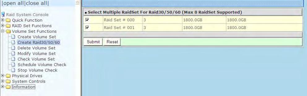 5.3.2 Create Raid 30/50/60 To create a Raid30/50/60 Volume Set, move the mouse cursor to the main menu and click on the Create Raid30/50/60 link.