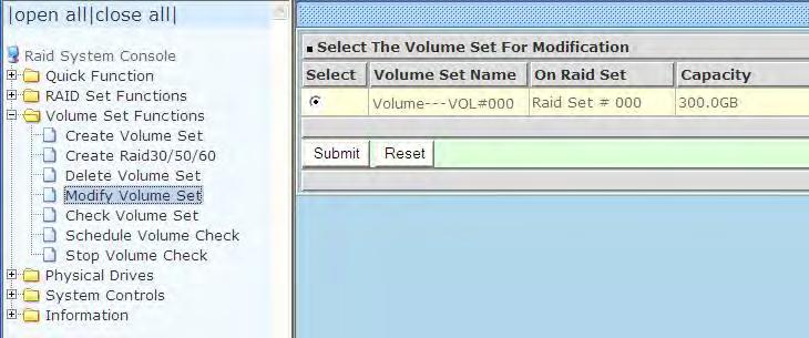 5.3.4 Modify Volume Set Use this function to modify Volume Set configuration. 1.