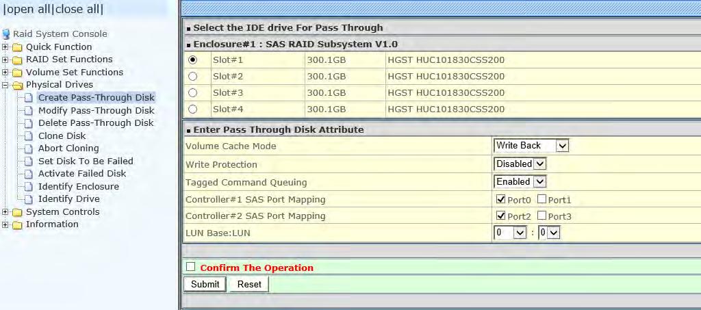 5.4 Physical Drive Choose this option from the Main Menu to select a disk drive and to perform the functions listed below. 5.4.1 Create Pass-Through Disk A Pass-Through Disk is a disk drive not controlled by the internal RAID subsystem firmware and thus cannot be a part of a Volume Set.