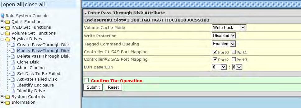 To modify the Pass-Through drive attribute from the Pass-Through drive pool, click on the Modify a Pass-Through Disk link.