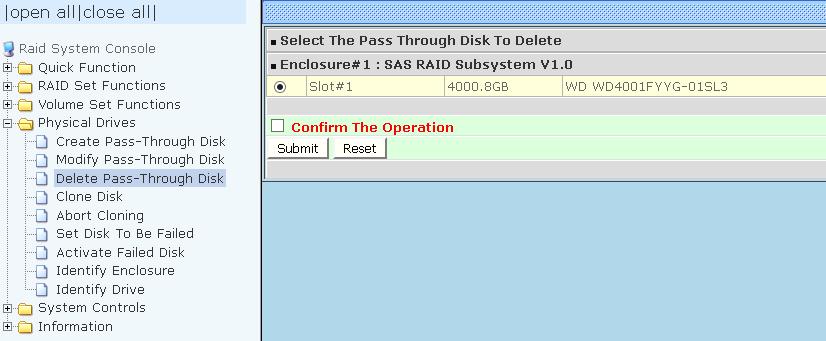 5.4.3 Delete Pass-Through Disk To delete Pass-Through Disk from the Pass-Through drive pool, click on Delete Pass-Through link.