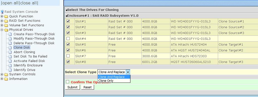 4 Clone Disk Instead of deleting a RAID set and recreating it with larger disk drives, the Clone Disk function allows the users to replace larger disk drives to the RAID set that