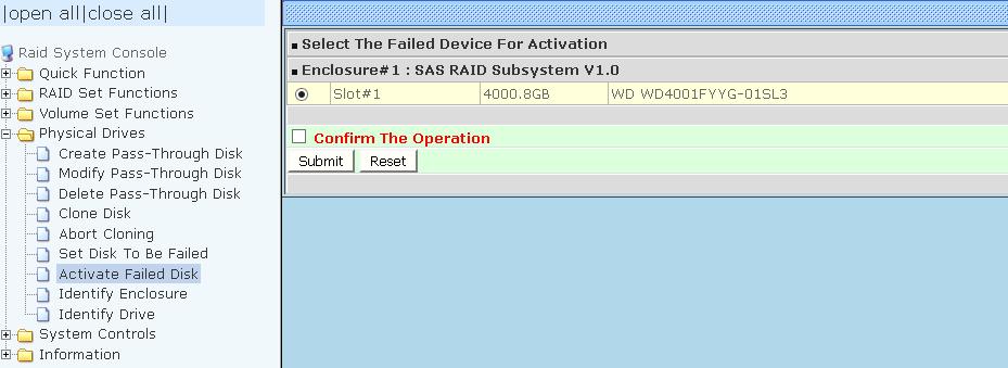 5.4.7 Activate Failed Disk It forces the current failed disk in the system to be back online.