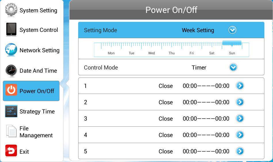 4.5 Power On/Off This menu allows you to control player on/off time either in daily mode or in weekly mode. 1. Choose Setting Mode.