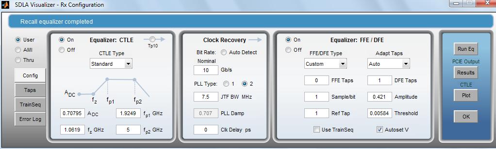 7 - Clk Delay ps = 0 The following is what the SDLA tool does for USBSSP: Vary CTLE setting, run to auto adjust DFE. Resultant waveform will appear in Ref4.