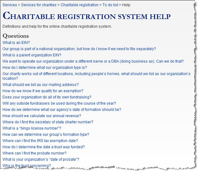 G. Help provides a list of Charitable FAQs. a. Click the Help link from the MENU list. b. Charitable Registration System Help page will appear. c.