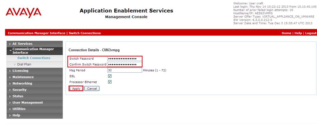 In the resulting screen enter the Switch Password, the Switch Password must be the same as that entered into Communication Manager AE Services Administration