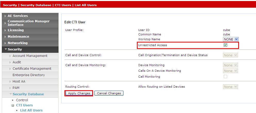 The Edit CTI User screen appears. Check the Unrestricted Access box and Apply Changes at the bottom of the screen.
