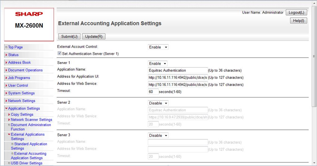 Configuring the Application on Sharp OSA3.5 and OSA4 MFPs To configure the Equitrac embedded application on OSA3.