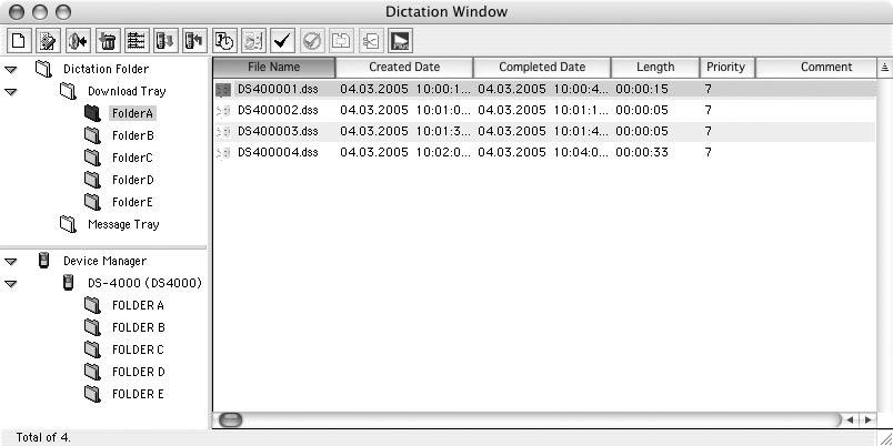 Transcriptionist Tree View Displays the directory structure of the folders in which dictation files and document files are stored.