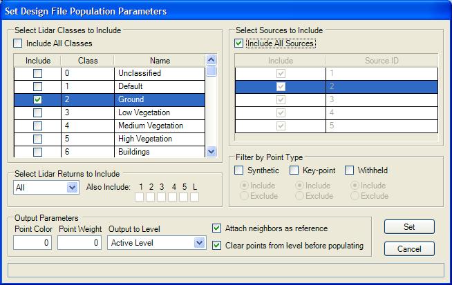 Figure 2-14 Filtering out all classes except Ground Select Sources to Include The Sources section of the Set Design File Population Parameters dialog allows you to filter points based on the Point