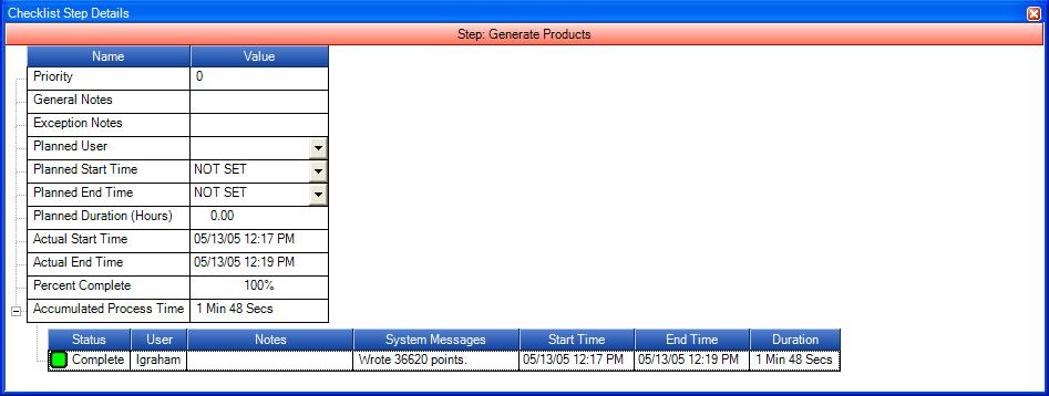 Figure 2-18 Error from running interactive MicroStation during Generate Products The Generate Products step logs the number of points populated into a DGN_Product entity in the System Messages column