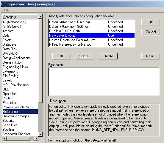 Figure 2-21 MicroStation configuration dialog Selecting the Reference Category will display the configuration variables associated with reference files.