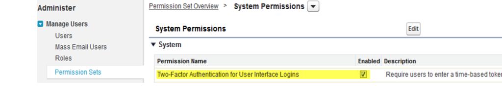 2FA Setup Step 2 Select the Two-Factor Authentication for User Interface Logins permission and save this permission set.