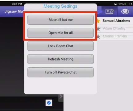 MEETING SETTINGS If the session was set to use VoIP with the Push- To- Talk button, the Current Presenter can change the method of audio via the Settings icon.