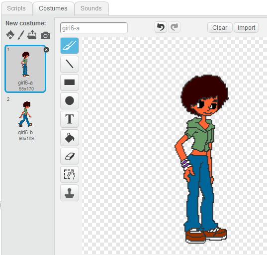 Clicking on the sprite will load it into the edit area on the right and choosing the costumes tab will show what costumes are available for this particular Sprite.