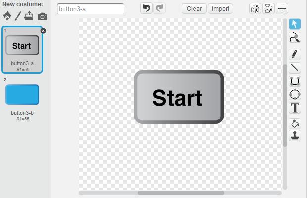 Use the Create a sprite from a file option and this time choose a button from the Things category. I have used Button3. Initially the button is plain with no text.